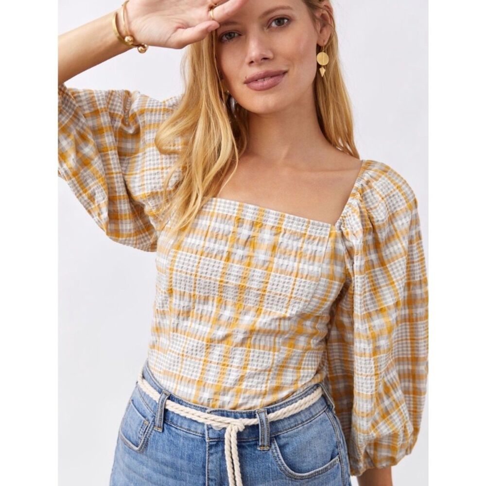 Maeve Anthropology Plaid Square-Neck Blouse Medium Fall plaid puff sleeve